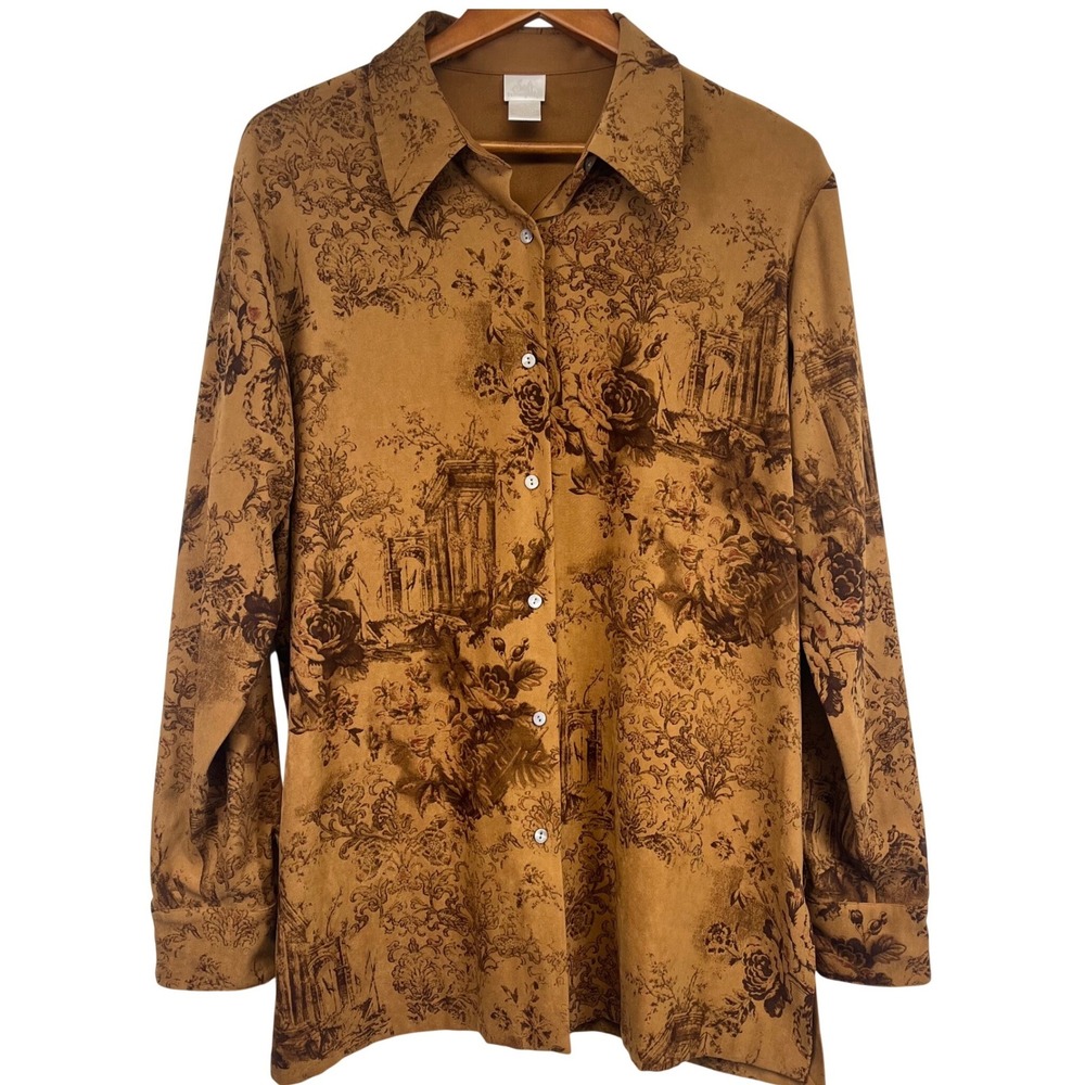 Soft Surroundings Toile Print Button Down Top Size XL Tall Art to Wear Classic